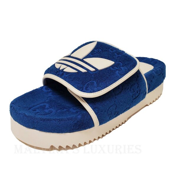 GUCCI MENS SHOES ADIDAS X GG BLUE COTTON SPONGE PLATFORM SANDAL SLIDE sz 9 9.5 - Picture 8 of 16
